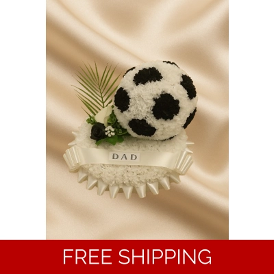 Black and White Football Funeral Tribute – Artificial Flower Display